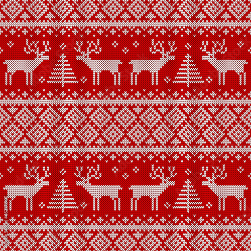 Knitted seamless pattern with deers and trees. Red and white sweater background for Christmas, New Year or winter design. Scandinavian vector ornament.