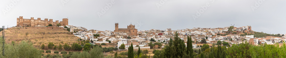 Amazing ultra panoramic view at the Baños de la Encina village, medieval Castle and San Mateo church