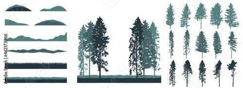 Creation of realistic forest, set of silhouette of beautiful spruce and pines trees. Vector illustration.