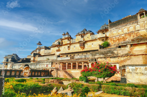Bundi palace view with nearby greenery against a blue sky in India photo