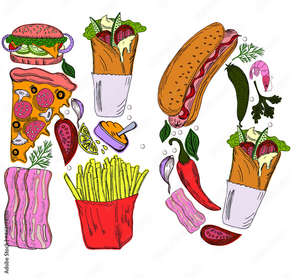 Colorful fast food symbols set with black outline. Cartoon flat linear ...