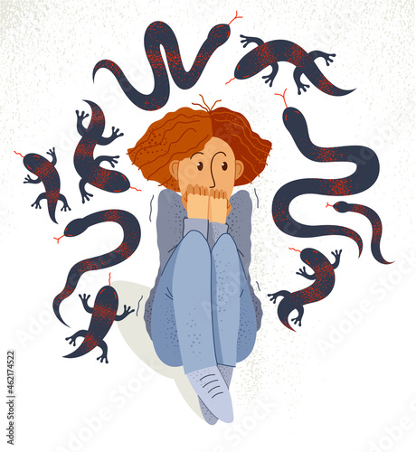 Herpetophobia fear of reptiles snakes and lizards vector illustration, girl surrounded by imaginary reptiles in panic attack and fear, mental health concept.