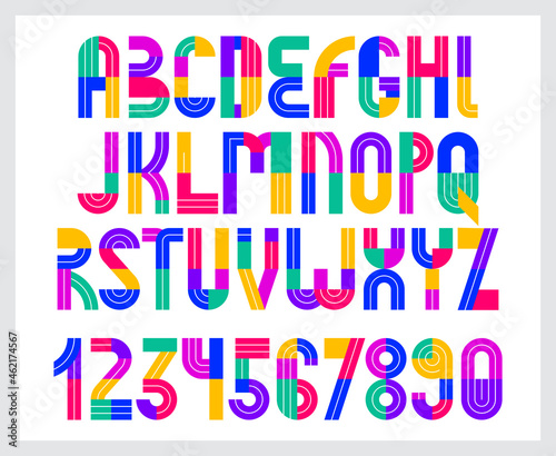 Children colorful geometric font vector alphabet, kid play game typeset, original letters can be used for logo creation, uppercase and numbers.