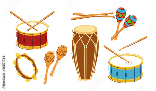 Leinwand Poster Different drums and percussion big set vector flat illustrations isolated over white background, music instruments shop