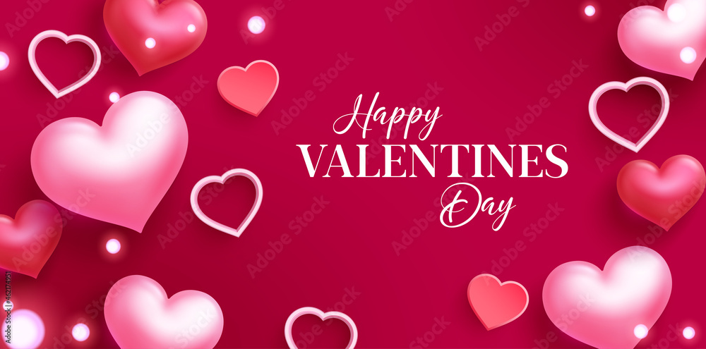 Valentines greeting vector background design. Happy valentine's day greeting text with hearts and bokeh decoration elements for valentine celebration messages card. Vector illustration.
