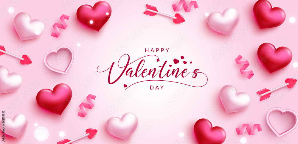 Valentine's day vector background design. Happy valentines day text with hearts, arrow and confetti doodle shape 3d elements in pink space for greeting messages decoration. Vector illustration.
