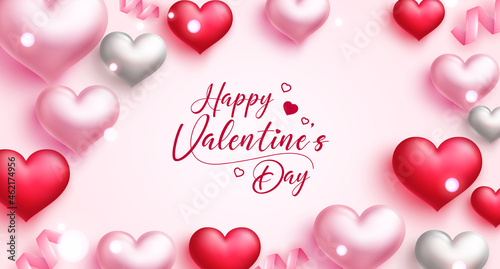 Valentines greeting vector background design. Happy valentine's day typography text in pink space with cute hearts shape elements for valentine love messages and decoration. Vector illustration.
