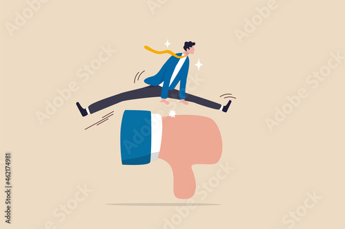 Deal with negative feedback, criticism or blame, ignore bully or failure, overcome difficulty to success in work, confidence businessman jump over critic thumb down feedback to achieve business goal.