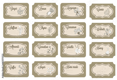 Collection of kraft paper tags with culinary herbs and spices.