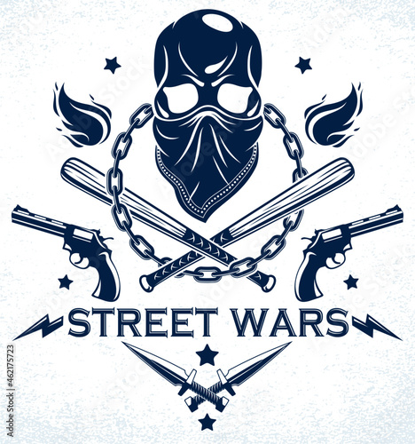 Brutal gangster emblem or logo with aggressive skull baseball bats and other weapons and design elements, vector anarchy crime or terrorism retro style, ghetto revolutionary.