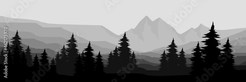  monochrome mountain landscape forest silhouette good for wallpaper, background, backdrop, banner, header, tourism design, mountain travel design and design template
