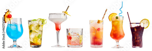 Glasses of various exotic cocktail on white background