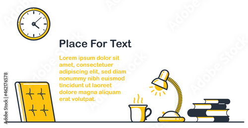 Place of work office table desk vector flat illustration isolated over white, work from home comfortable work space concept, empty chair nobody vacant job concept.