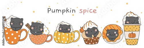 Draw cute cat with pumpkin spice Doodle cartoon style