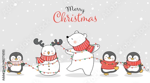 Draw cute penguin and polar bear in winter For Christmas