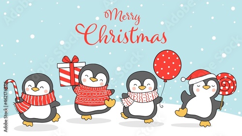 Draw penguin in snow For winter and Christmas