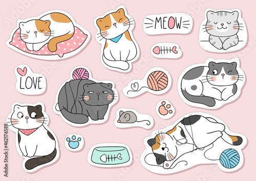 Papier peint Draw collection stickers funny cats Doodle cartoon style