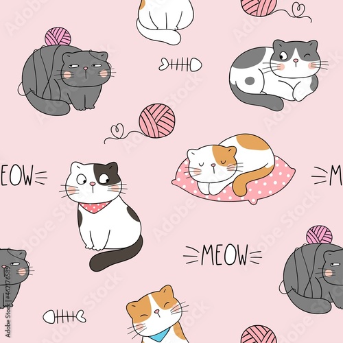 Draw seamless pattern cat on pink pastel