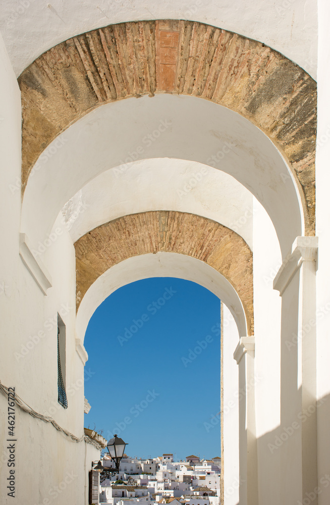 Beautiful arches in the Jewish quarter of Vejer de la Frontera. Cadiz, Andalusia, Spain