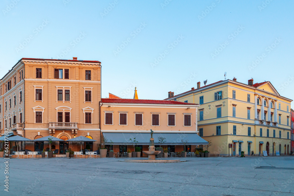 Rovinj cozy little seaside old town street with harbor on the Istrian peninsula, Adriatic sea