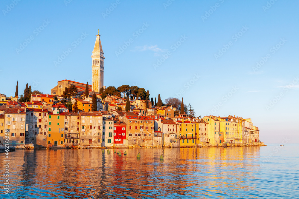 Rovinj cozy little seaside old town with harbor on the Istrian peninsula in Adriatic sea at sunrise