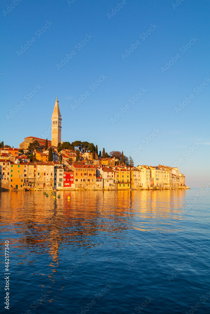 Rovinj cozy little seaside old town with harbor on the Istrian peninsula in Adriatic sea at sunrise
