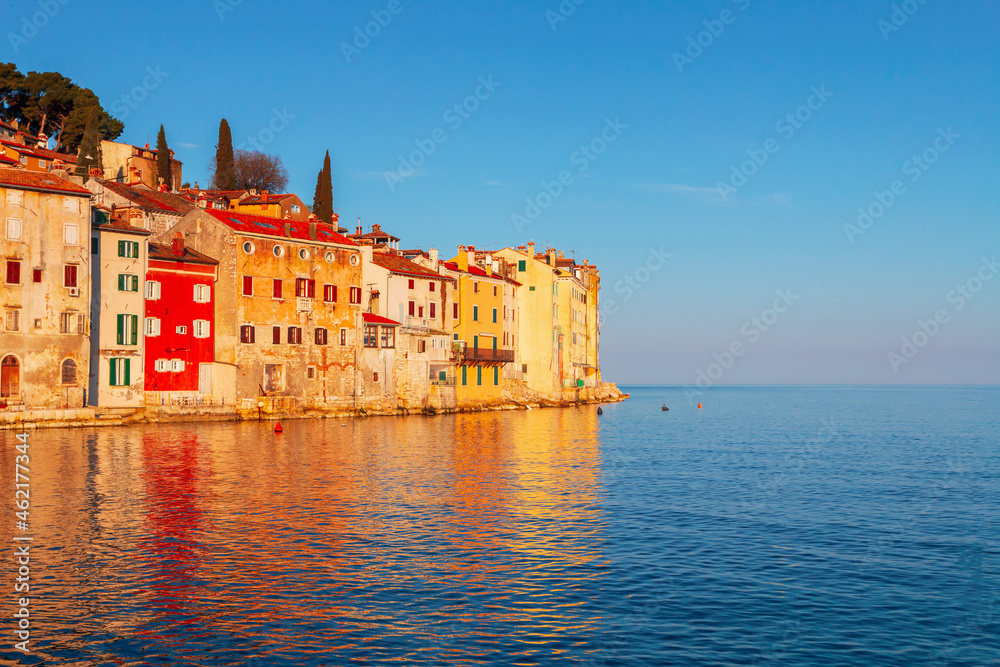 Rovinj cozy little seaside old town with harbor on the Istrian peninsula in Adriatic sea at sunrise