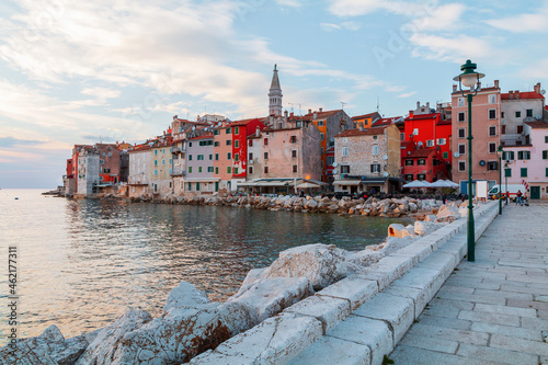 Rovinj cozy little seaside old town with harbor on the Istrian peninsula in Adriatic sea at sunset