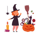 Magic witch character. Little girl with black cat and smiling pumpkin with sweets. Halloween party vector concept