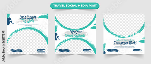 Set of travel and tourism holiday sale social media post square digital banner flyer or poster for travelling agency business promotion design template
