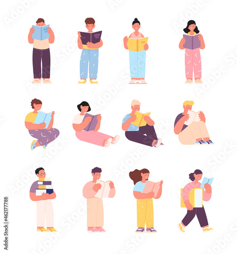 Children reading. Happy kid read book, isolated school kids study. Literature lesson, cartoon student in library. Funny preschool utter vector characters