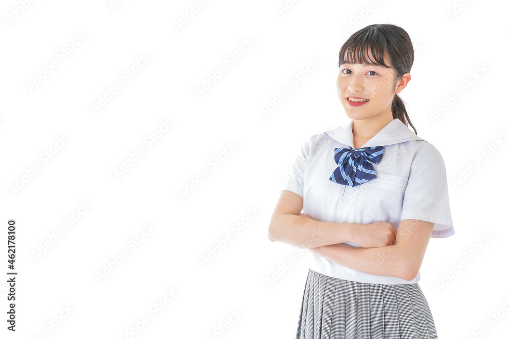 腕を組む制服を着た女子学生 腕を組む制服を着た女子学生