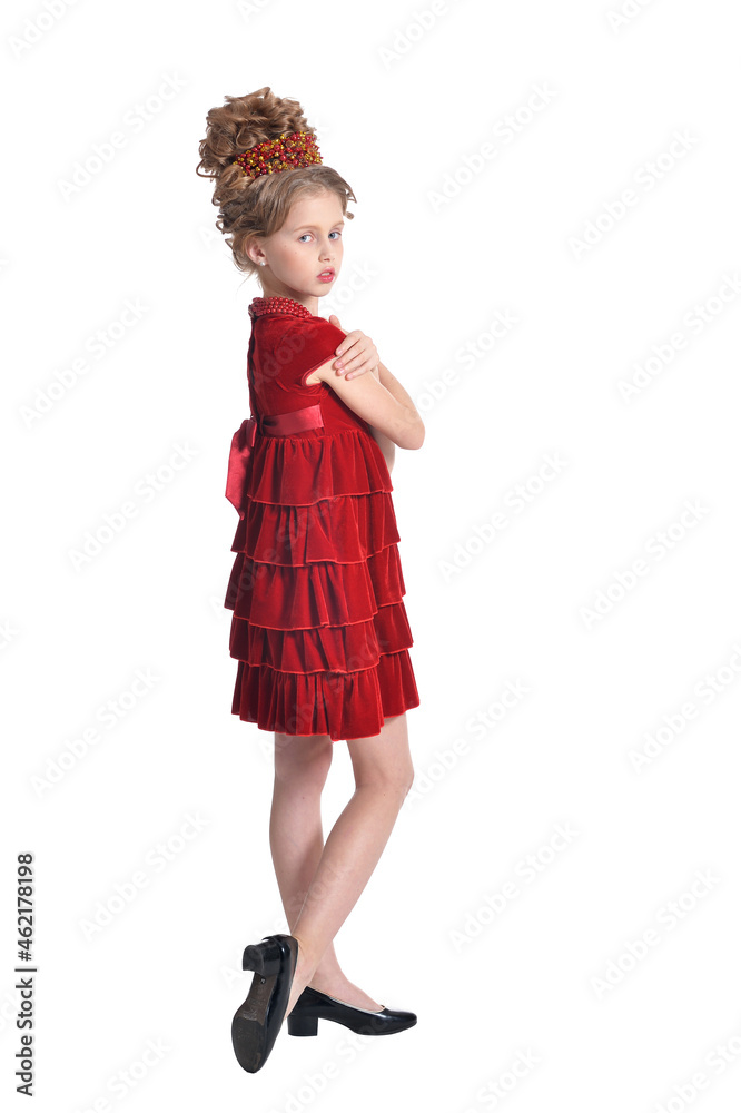 Portrait of cute girl in red dress posing isolated Portrait of cute girl in red dress posing isolated