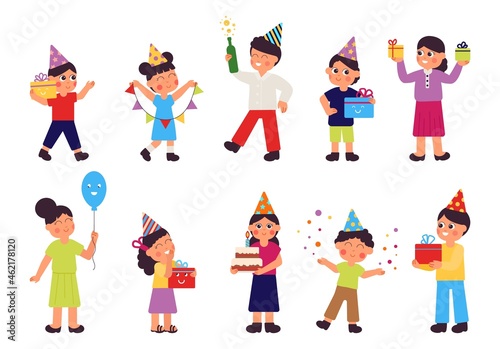 People with gifts. Birthday party, happy celebrating women and man. Cartoon funny kids, festive confetti and food. Festival decent vector characters