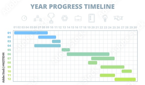 Project schedule. Year timeline, work development chart template. Gantt diagramm for business startup, infographic calendar. Planning utter vector scheme