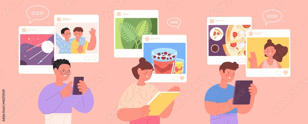 Children social media. Cyber communication, kids internet addiction. Girl and boy posting photos, liked news and looking videos utter vector concept