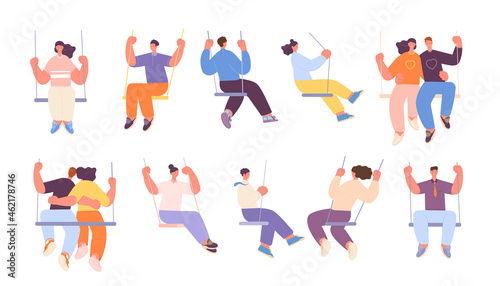 People on swing. Adults swinging, couple swings sitting. Romantic dating, isolated cartoon person in love. Flat dreaming utter vector characters