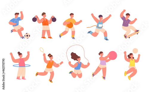 Children sport activities. Kids sporting playing, hoop training. Child different activities, play soccer. Little champion, cartoon jumping utter vector characters