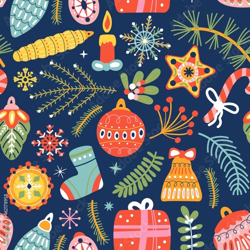 Christmas decorative seamless pattern. Holiday children print, tree winter texture. Abstract vintage xmas and new year decent vector background
