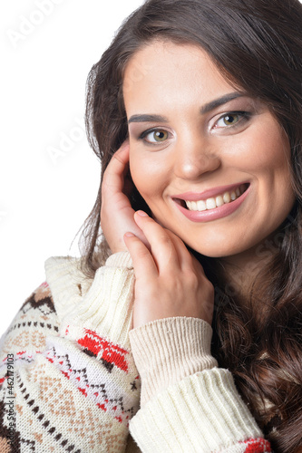 Portrait of exited young woman with dark lond hair photo