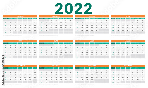 Monthly calendar template for 2022 year