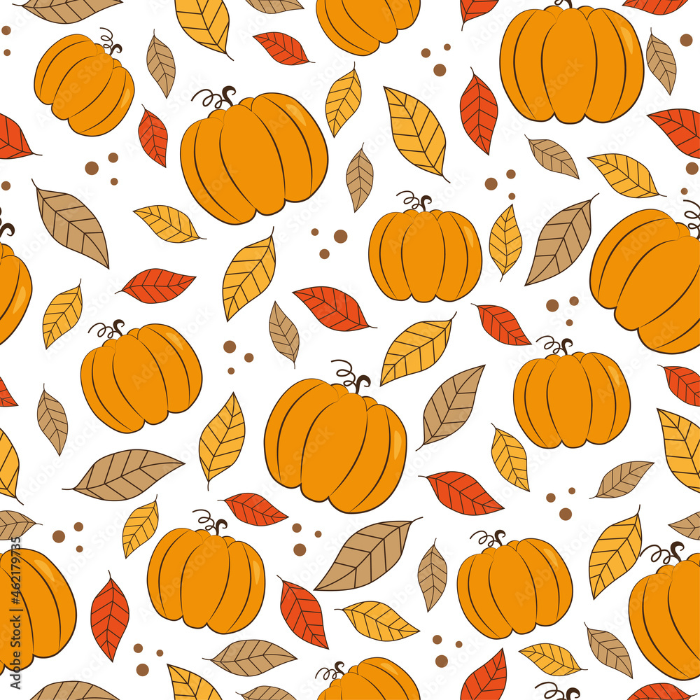 Pumpkins and autumn leaves seamless pattern.