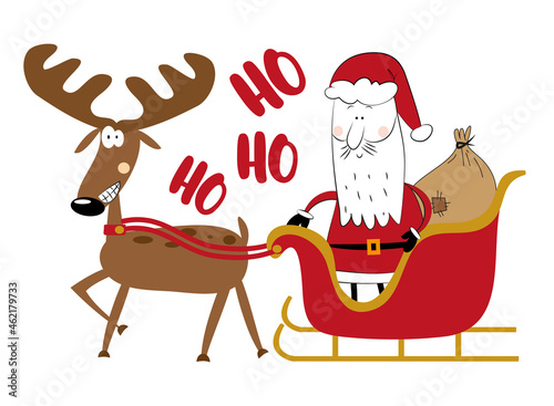 Ho Ho Ho - cute funny reindeer with Santa Claus in sleigh. Hand drawn vector illustration. Good for greeting card, poster, textile print, and other decoration for christmas.