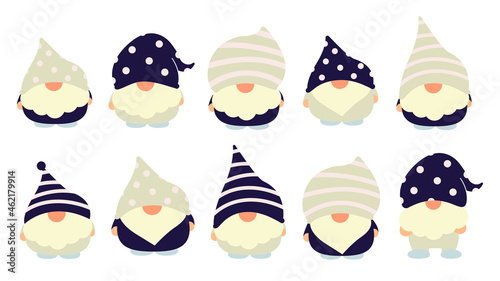 Little garden cute gnomes and elves in cartoon style. Characteristic fairies for children and kids. Kawaii gnome and magic elf design. Vector illustration.