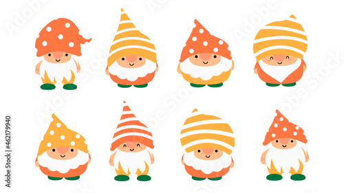 Little garden cute gnomes and elves in cartoon style. Characteristic fairies for children and kids. Kawaii gnome and magic elf design. Vector illustration.