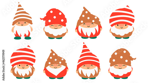 Little garden cute gnomes and elves in cartoon style. Characteristic fairies for children and kids. Kawaii gnome and magic elf design. Vector illustration.