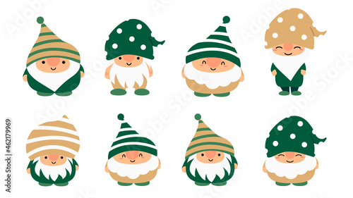 Little garden cute gnomes and elves in cartoon style. Characteristic fairies for children and kids. Kawaii gnome and magic elf design. Vector illustration.
