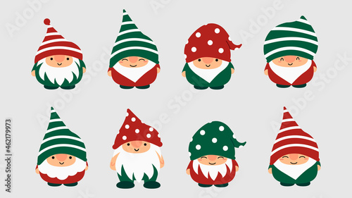 Little garden cute gnomes and elves in cartoon style. Characteristic fairies for children and kids. Kawaii gnome and magic elf design. Vector illustration.