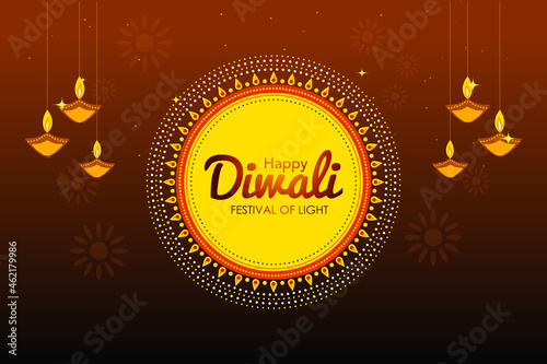 Illustration of diwali festival with hanging oil lamps (diya) on dark brown background for diwali celebration.