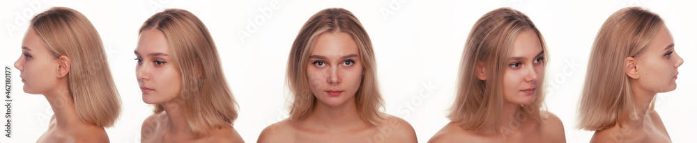 Set of portraits collage. Blonde woman with a pierced nose on white background. Different angle view of a piercing face. Set of portraits collage. Blonde woman with a pierced nose on white background. Different angle view of a piercing face.